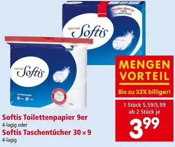 Spar Softis Toilettenpapier 9er 4-lagig oder Softis Taschentücher 30×9 4-lagig Angebot
