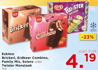 Unimarkt Eskimo Brickerl, Erdbeer Combino, Family Mix, Solero oder Twister Monstaah Pkg. Angebot