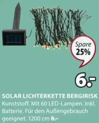 SOLAR LICHTERKETTE BERGIRISK Kunststoff. Mit 60 LED-Lampen. Inkl. Batterie. Für den Außengebrauch geeignet. 1200 cm