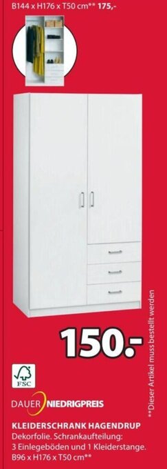 JYSK KLEIDERSCHRANK HAGENDRUP B96 x H176 x T50 cm** Angebot
