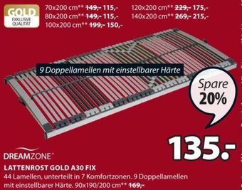 JYSK LATTENROST GOLD A30 FIX 44 Lamellen, unterteilt in 7 Komfortzonen. 9 Doppellamellen mit einstellbarer Härte. 90x190/200 cm Angebot
