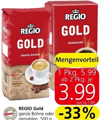 Spar REGIO Gold ganze Bohne oder gemahlen, 500 g Angebot