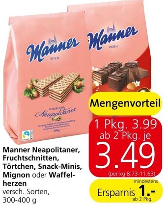 Spar Manner Neapolitaner, Fruchtschnitten, Törtchen, Snack-Minis, Mignon oder Waffel-herzen versch. Sorten, 300-400 g Angebot