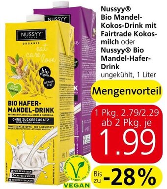 Spar NussyyⓇ Bio Mandel- Kokos-Drink mit Fairtrade Kokos-milch oder Nussyy® Bio Mandel-Hafer-Drink 1 Liter Angebot