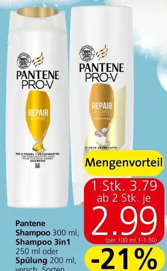 Spar Pantene Shampoo 300 ml, Shampoo 3in1 250 ml oder Spülung 200 ml, versch. Sorten Angebot