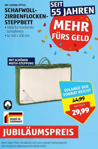 Hofer MY LIVING STYLE SCHAFWOLL-ZIRBENFLOCKEN-STEPPBETT per Stück Angebot