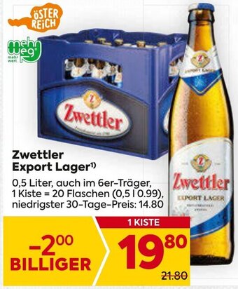 Billa Zwettler Export Lager¹) 0,5 Liter Angebot