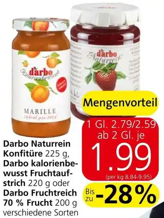 Eurospar Darbo Naturrein Konfitüre 225 g, Darbo kalorienbe-wusst Fruchtauf-strich 220 g oder Darbo Fruchtreich Bis 70% Frucht 200 g Angebot