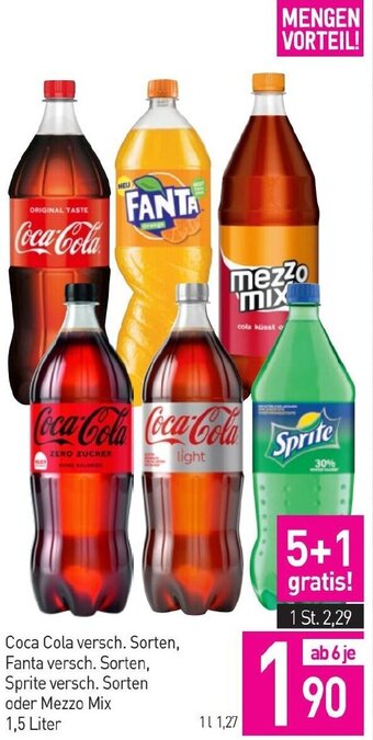 Sutterlüty Coca Cola versch. Sorten, Fanta versch. Sorten, Sprite versch. Sorten oder Mezzo Mix 1,5 Liter Angebot