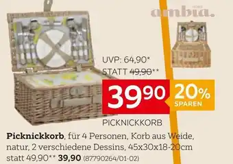 XXXLutz Picknickkorb, für 4 Personen, Korb aus Weide, natur, 2 verschiedene Dessins, 45x30x18-20cm Angebot