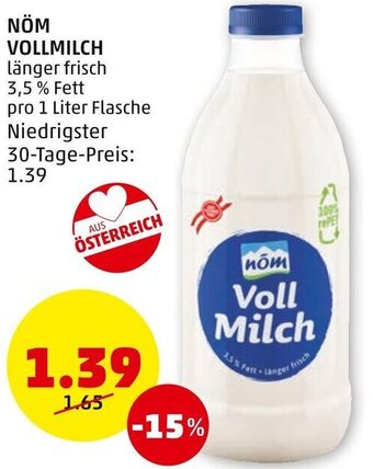 PENNY NÖM VOLLMILCH länger frisch 3,5 % Fett pro 1 Liter Flasche Angebot
