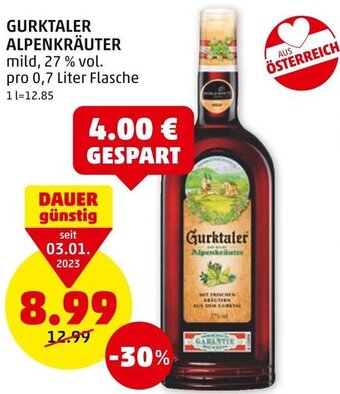 PENNY GURKTALER ALPENKRÄUTER mild, 27 % vol. pro 0,7 Liter Flasche Angebot