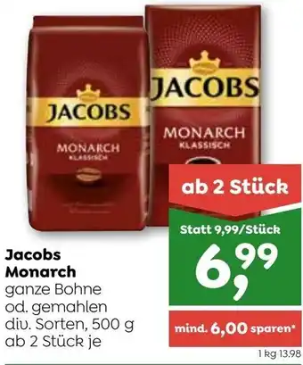 ADEG Jacobs Monarch ganze Bohne od. gemahlen div. Sorten, 500 g ab 2 Stück je Angebot