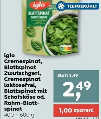 ADEG iglo Cremespinat, Blattspinat Zwutschgerl, Cremespinat laktosefrei, Blattspinat mit Schafskäse od. Rahm-Blatt-spinat 400-600g Angebot