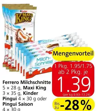 Spar Ferrero Milchschnitte 5 x 28 g, Maxi King 3 x 35 g, Kinder Pingui 4 x 30 g oder Pingui Saison 4 x 30 g Angebot