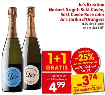 Interspar Jo's Kreation Norbert Szigeti Sekt Cuvée, Sekt Cuvée Rosé oder Jo's Jardin d'Orangers 0,75-Liter-Flasche Angebot