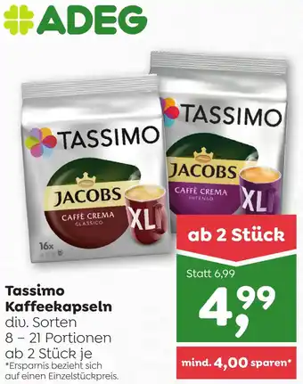 ADEG Tassimo Kaffeekapseln div. Sorten 8 - 21 Portionen ab 2 Stück je Angebot