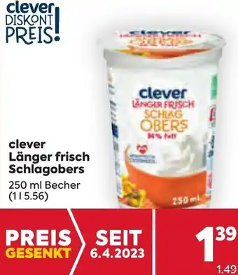 Billa clever Länger frisch Schlagobers 250 ml Becher Angebot