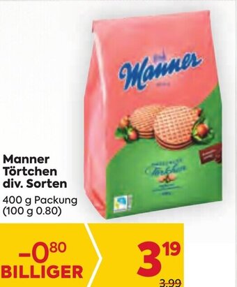 Billa Manner Törtchen div. Sorten 400 g Packung Angebot