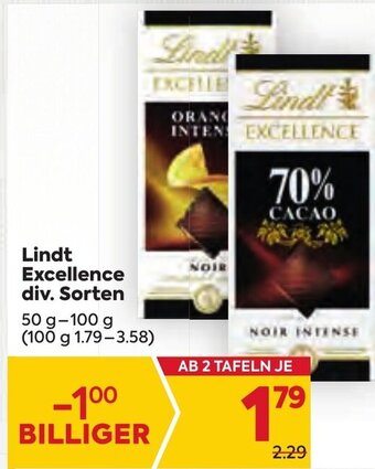 Billa Lindt Excellence div. Sorten 50 g- 100 g Angebot