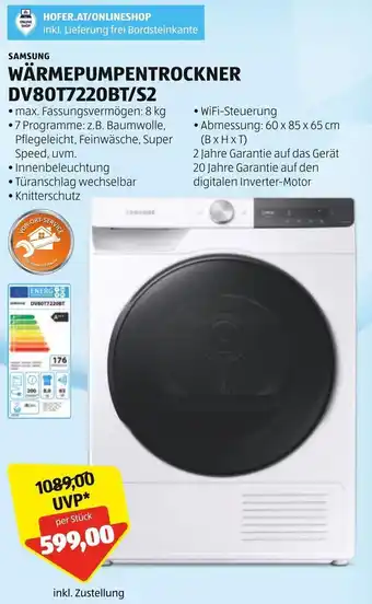 Hofer SAMSUNG WÄRMEPUMPENTROCKNER DV80T7220BT/S2 Angebot