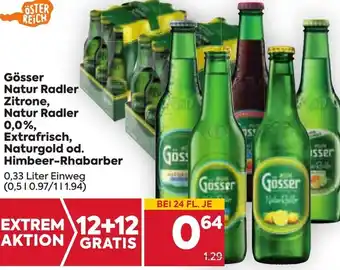 Billa Gösser Natur Radler Zitrone, Natur Radler 0,0%, Extrafrisch, Naturgold od. Himbeer-Rhabarber 0,33 Liter Angebot