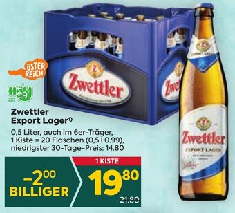 Billa Zwettler Export Lager¹) 0,5 Liter Angebot