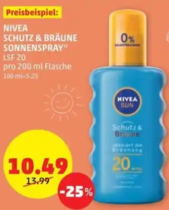 PENNY NIVEA SCHUTZ & BRÄUNE SONNENSPRAY* LSF 20 pro 200 ml Flasche Angebot
