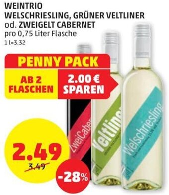 PENNY WEINTRIO WELSCHRIESLING, GRÜNER VELTLINER od. ZWEIGELT CABERNET pro 0,75 Liter Flasche Angebot
