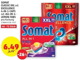 PENNY SOMAT CLASSIC XXL od. EXCELLENCE 4-IN-1-CAPS od. ALL-IN-1-LEMON-TABS pro Packung 40-72 Stück Angebot