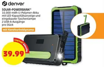 PENNY denver SOLAR-POWERBANK* 10.000-mAh-Li-Polymer-Akku mit LED-Kapazitätsanzeige und eingebauter Taschenlampe 2 USB-A-Ausgänge Angebot
