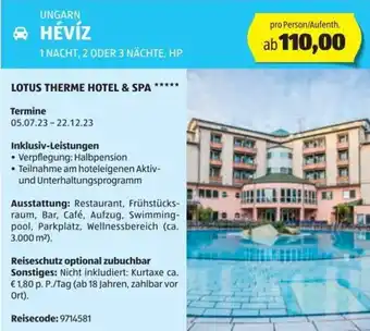 Hofer Reisen UNGARN HÉVÍZ 1 NACHT, 2 ODER 3 NÄCHTE, HP Angebot
