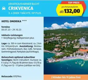 Hofer Reisen KROATIEN/KVARNER BUCHT CRIKVENICA 3,4 ODER 7 NÄCHTE, HP PLUS Angebot