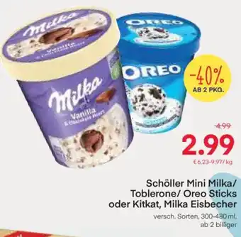 MPreis Schöller Mini Milka/ Toblerone/ Oreo Sticks oder Kitkat, Milka Eisbecher versch. Sorten, 300-480 ml Angebot
