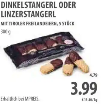MPreis DINKELSTANGERL ODER LINZERSTANGERL MIT TIROLER FREILANDEIERN, 5 STÜCK 300 g Angebot