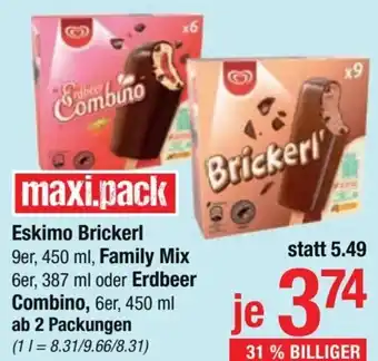 Maximarkt Eskimo Brickerl 9er, 450 ml, Family Mix 6er, 387 ml oder Erdbeer Combino, 6er, 450 ml ab 2 Packungen Angebot