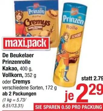 Maximarkt De Beukelaer Prinzenrolle Kakao, 400 g, Vollkorn, 352 g oder Cremys verschiedene Sorten, 172 g ab 2 Packungen Angebot