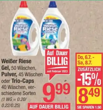 Maximarkt Weißer Riese Gel, 50 Wäschen, Pulver, 45 Wäschen oder Trio-Caps00 40 Wäschen, ver-schiedene Sorten Angebot