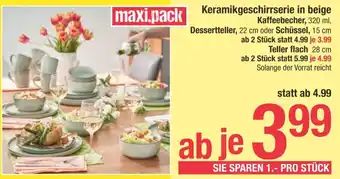 Maximarkt Keramikgeschirrserie in beige Kaffeebecher, 320 ml, Dessertteller, 22 cm oder Schüssel, 15 cm Angebot