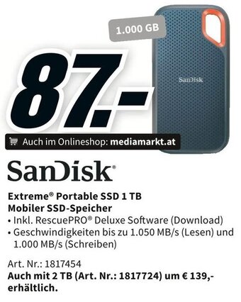 Media Markt SanDisk Extreme® Portable SSD 1 TB Mobiler SSD-Speicher Angebot