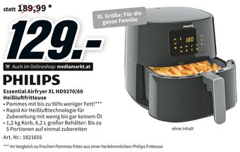 Media Markt PHILIPS Essential Airfryer XL HD9270/60 Heißluftfritteuse Angebot