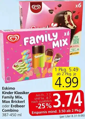 Spar Eskimo Kinder Klassiker Family Mix, Max Brickerl oder Erdbeer Combino 387-450 ml Angebot