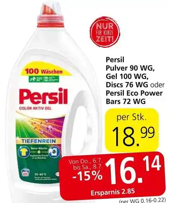 Spar Persil Pulver 90 WG, Gel 100 WG, Discs 76 WG oder Persil Eco Power Bars 72 WG per Stk. Angebot