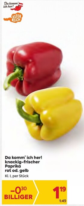 Billa Da komm' ich her! knackig-frischer Paprika rot od. gelb Kl. I, per Stück Angebot