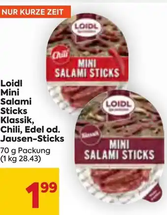 Billa Loidl Mini Salami Sticks Klassik, Chili, Edel od. Jausen-Sticks 70 g Packung (1 kg 28.43) Angebot
