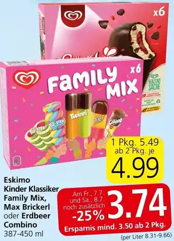 Interspar Eskimo Kinder Klassiker Family Mix, Max Brickerl oder Erdbeer Combino 387-450 ml Angebot