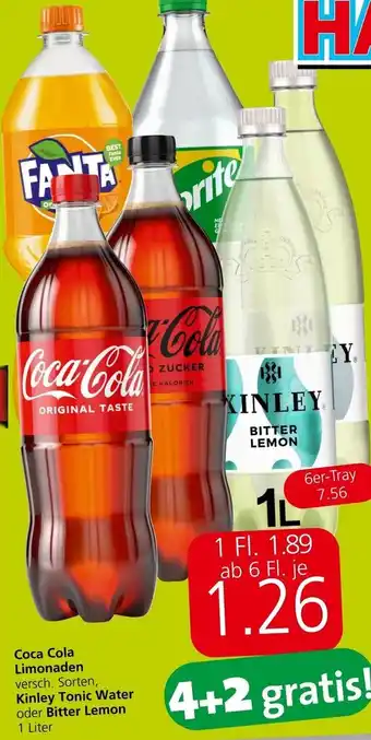Interspar Coca Cola Limonaden versch. Sorten, Kinley Tonic Water oder Bitter Lemon 1 Liter Angebot