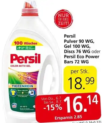 Interspar Persil Pulver 90 WG, Gel 100 WG, Discs 76 WG oder Persil Eco Power Bars 72 WG per Stk. Angebot