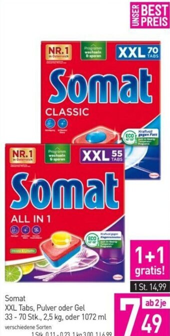 Sutterlüty Somat XXL Tabs, Pulver oder Gel 33-70 Stk., 2,5 kg, oder 1072 ml Angebot