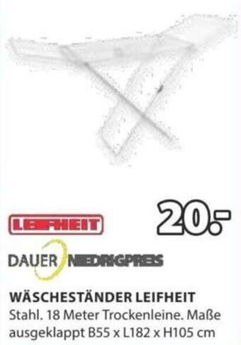 JYSK WÄSCHESTÄNDER LEIFHEIT Stahl. 18 Meter Trockenleine. Maße ausgeklappt B55 x L182 x H105 cm Angebot